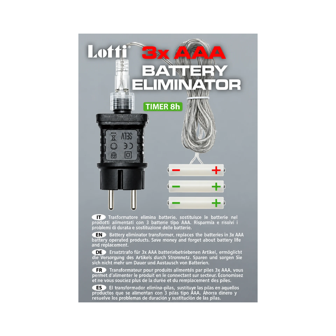 Eliminapile Lotti 3 batterie AAA con timer 8 ore, per alimentare decorazioni a batteria tramite presa elettrica.