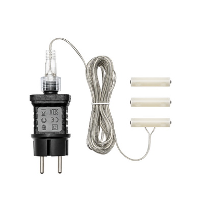 Eliminapile Lotti per 3 batterie AAA con trasformatore a presa europea, cavo trasparente e timer integrato.