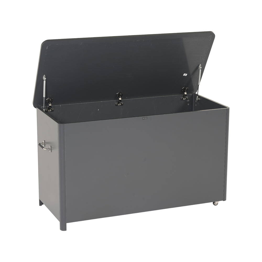 Baule da esterno antracite con coperchio aperto