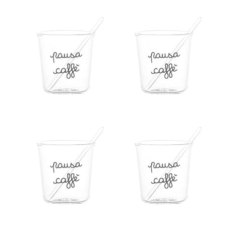 Set di quattro bicchierini in vetro trasparente con scritta nera "pausa caffè" e palettine incluse.