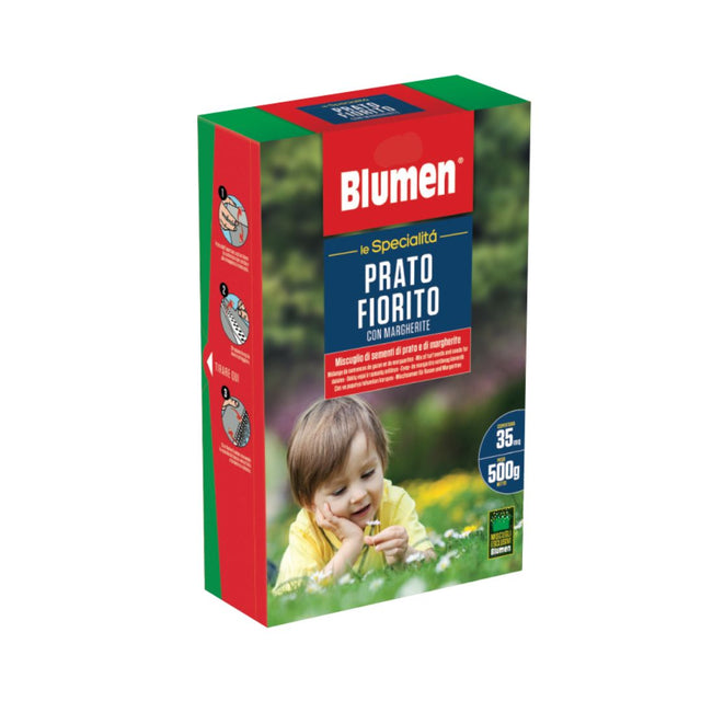 Confezione Blumen Le Specialità Prato Fiorito con Margherite da 500 g, miscuglio di semi per creare un prato verde e fiorito con margherite, adatto fino a 35 m²