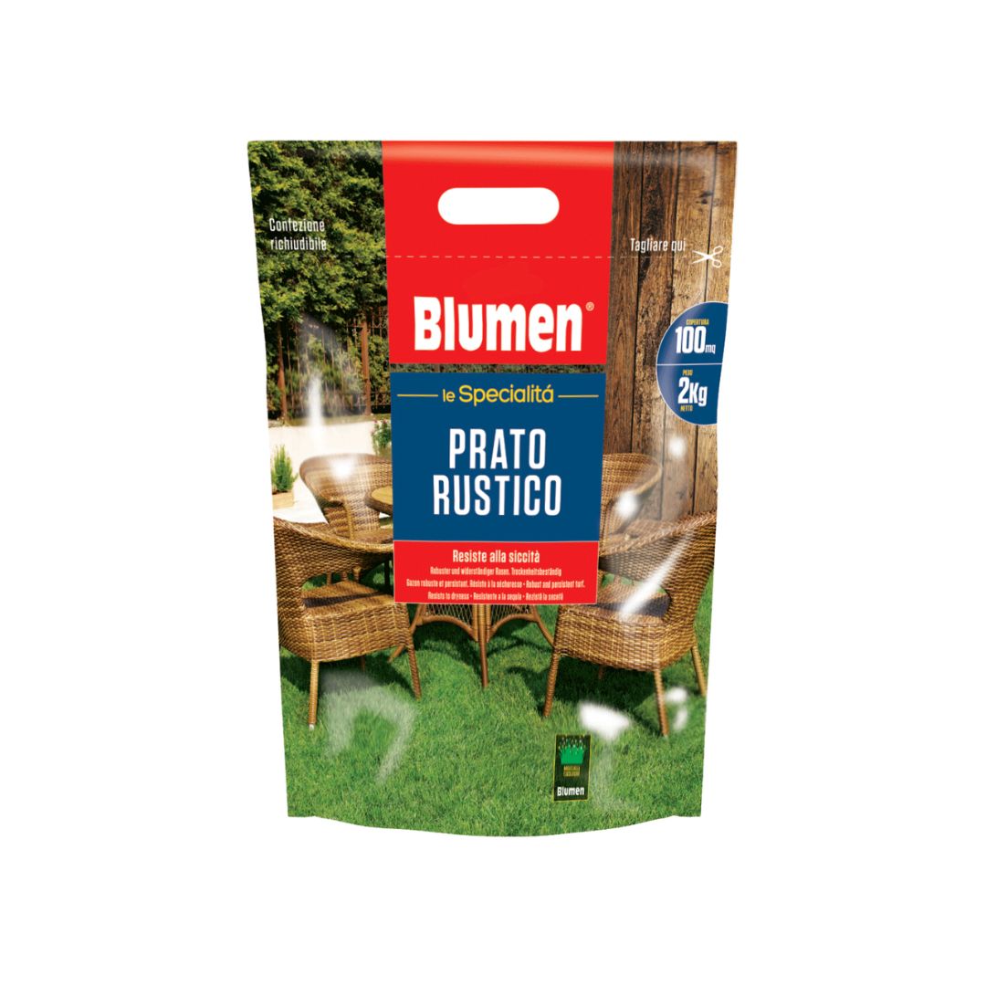 Confezione Blumen Le Specialità Prato Rustico da 2 kg, miscuglio per tappeto erboso resistente alla siccità, indicato per una superficie fino a 100 m²