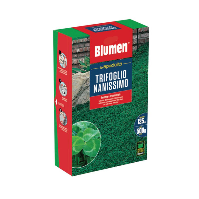 Confezione frontale del prodotto Blumen Trifoglio Nanissimo. Mostra un prato verde uniforme e un'immagine ravvicinata delle foglie di trifoglio. Il prodotto è descritto come prato perenne e ornamentale, con confezione da 500 grammi sufficiente per circa 125 metri quadrati