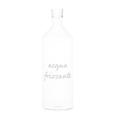 Bottiglia con tappo in vetro borosilicato con scritta bianca "acqua frizzante".