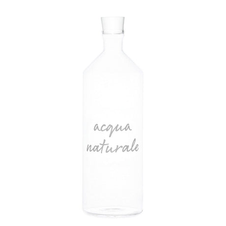 Bottiglia con tappo in vetro borosilicato con scritta bianca "acqua naturale".