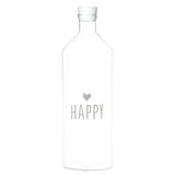 Bottiglia con tappo in vetro borosilicato con scritta bianca "Happy".