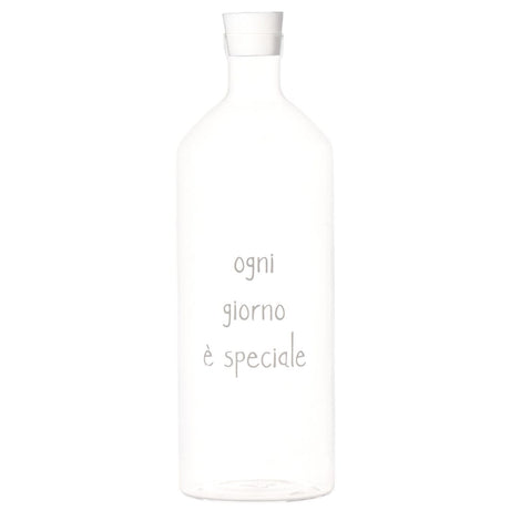 Bottiglia con tappo in vetro borosilicato con scritta bianca "ogni giorno è speciale".