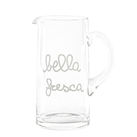 Brocca in vetro soffiato da 1,2 l con scritta in stampatello minuscolo "bella fresca".