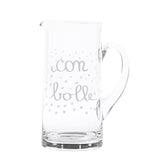 Brocca in vetro soffiato da 1,2 l con scritta in stampatello minuscolo "con bolle" e disegni di bollicine.