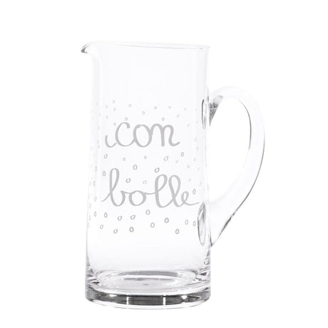 Brocca in vetro soffiato da 1,2 l con scritta in stampatello minuscolo "con bolle" e disegni di bollicine.
