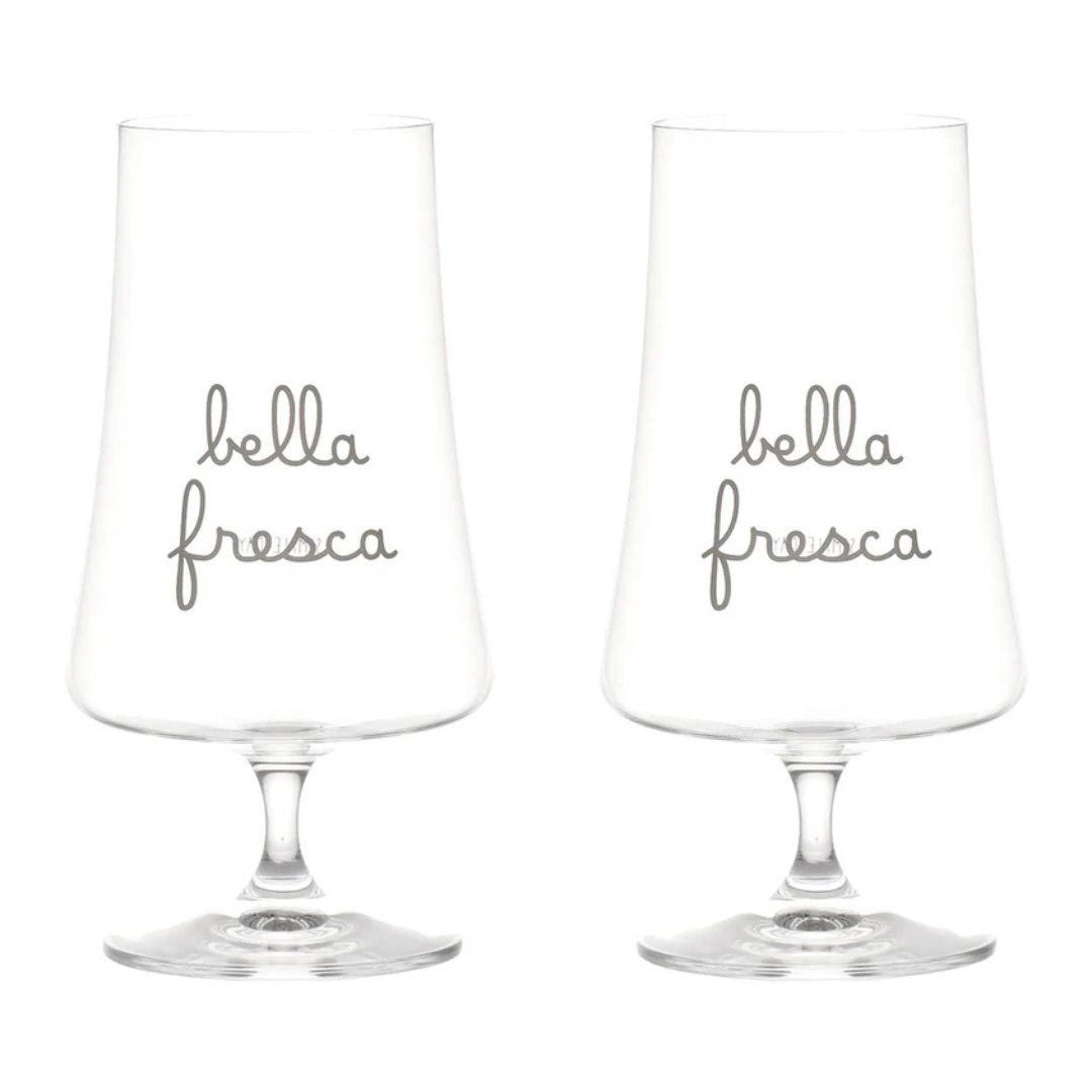 Set di due calici per birra con scritta "bella fresca".