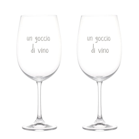 Set di due calici per vino in vetro con scritta bianca serigrafata "un goccio di vino".