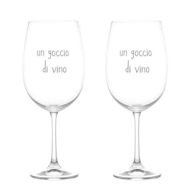 Set di due calici per vino in vetro con scritta bianca serigrafata "un goccio di vino".