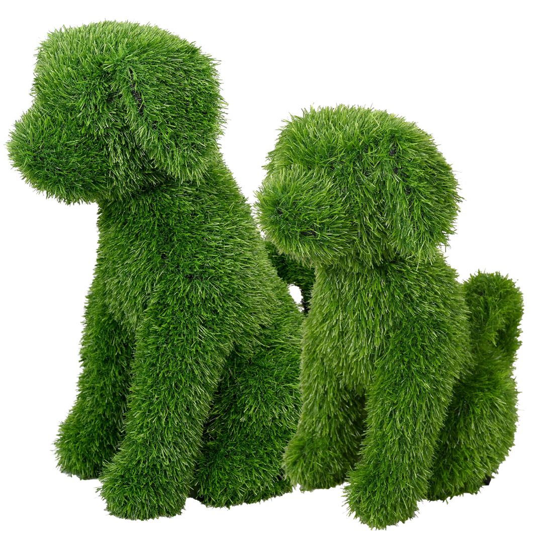 Coppia di cani decorativi seduti in prato sintetico verde, in due dimensioni.