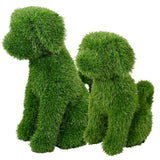 Coppia di cani decorativi seduti in prato sintetico verde, in due dimensioni.