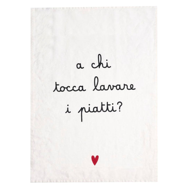 Canovaccio in lino bianco con scritta "a chi tocca lavare i piatti?" e cuoricino rosso.