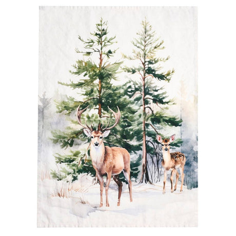Canovaccio in lino con disegno ad acquarelli di un bosco con due cervi.