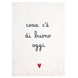 Canovaccio il lino bianco con scritta nera "cosa c'è di buono oggi" e cuoricino rosso.