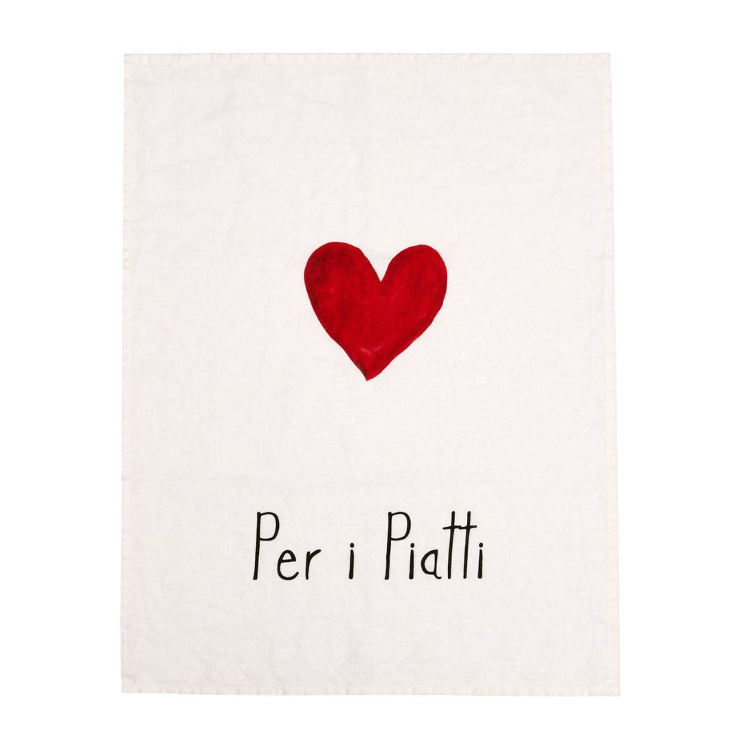 Canovaccio il lino bianco con disegno di un cuore rosso e scritta nera "per i piatti".