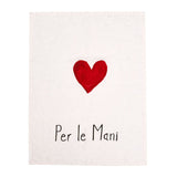 Canovaccio il lino bianco con disegno di un cuore rosso e scritta nera "per le mani".