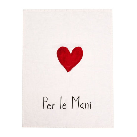 Canovaccio il lino bianco con disegno di un cuore rosso e scritta nera "per le mani".
