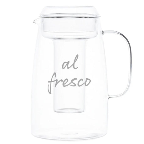 Caraffa in vetro borosilicato leggera e trasparente con portaghiaccio centrale integrato e scritta "Al fresco".