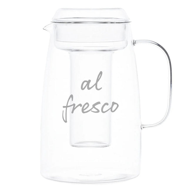 Caraffa in vetro borosilicato leggera e trasparente con portaghiaccio centrale integrato e scritta "Al fresco".