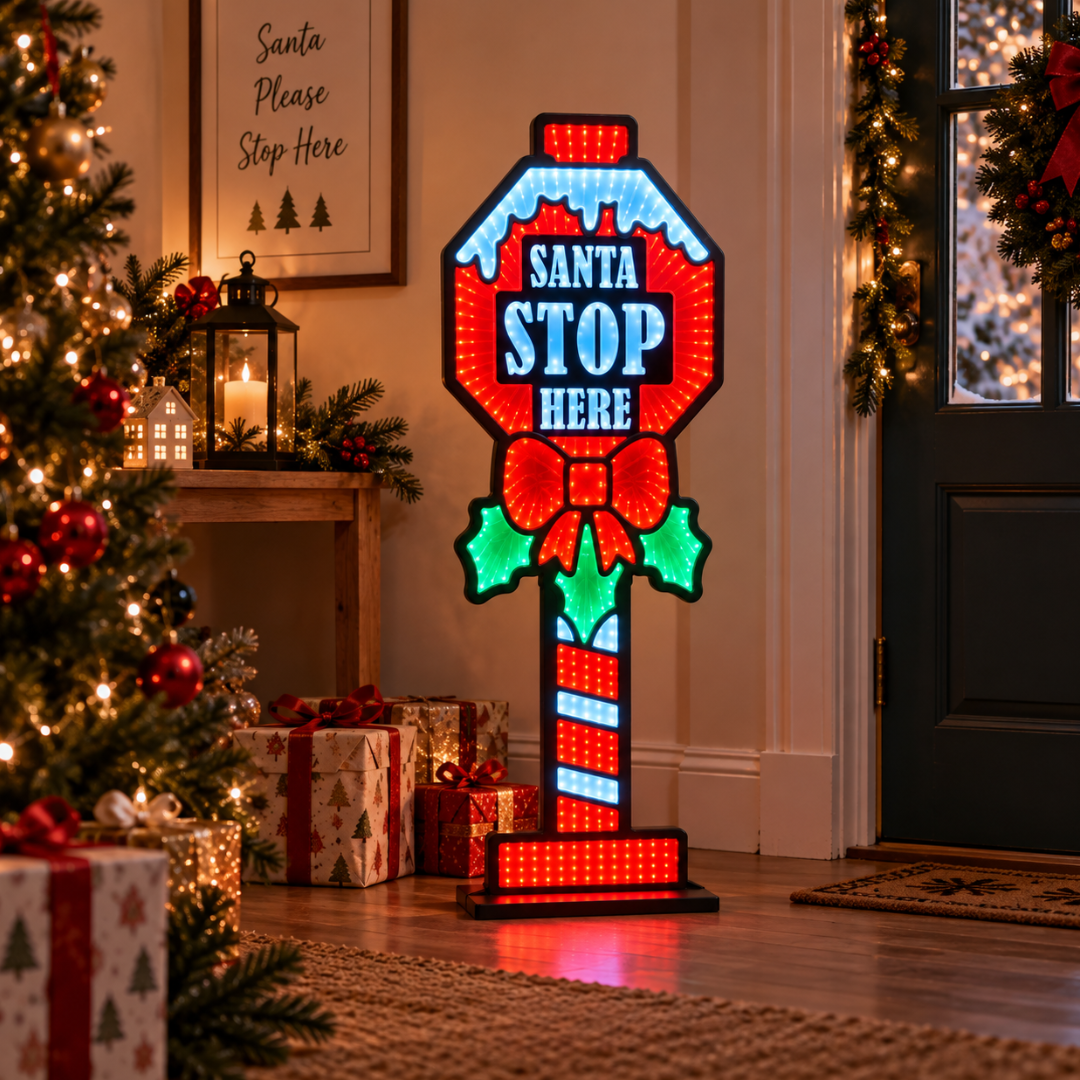 Cartello luminoso “Santa Stop Here” ambientato accanto all’albero di Natale e ai regali, vicino all’ingresso di casa