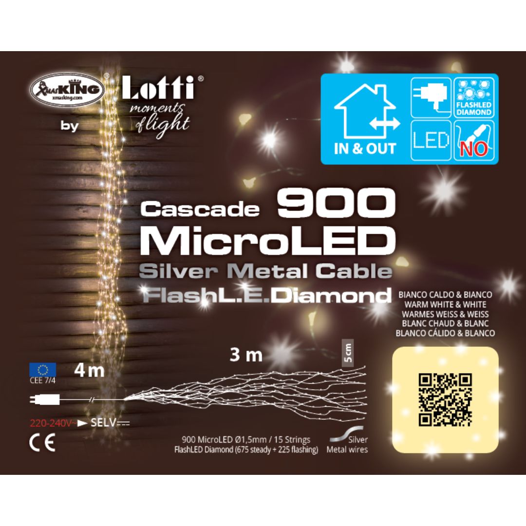 Scatola della cascata da 900 micro LED con cavo argento e LED bianco caldo con flash LED bianco freddo.