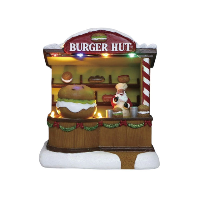 Casetta di vendita di hamburger con Babbo Natale e scritta "Burger Hut" su sfondo bianco.