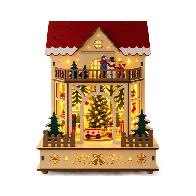 Casetta natalizia luminosa Garden Team in legno con tetto rosso, albero di Natale, trenino, pupazzo di neve e LED caldi