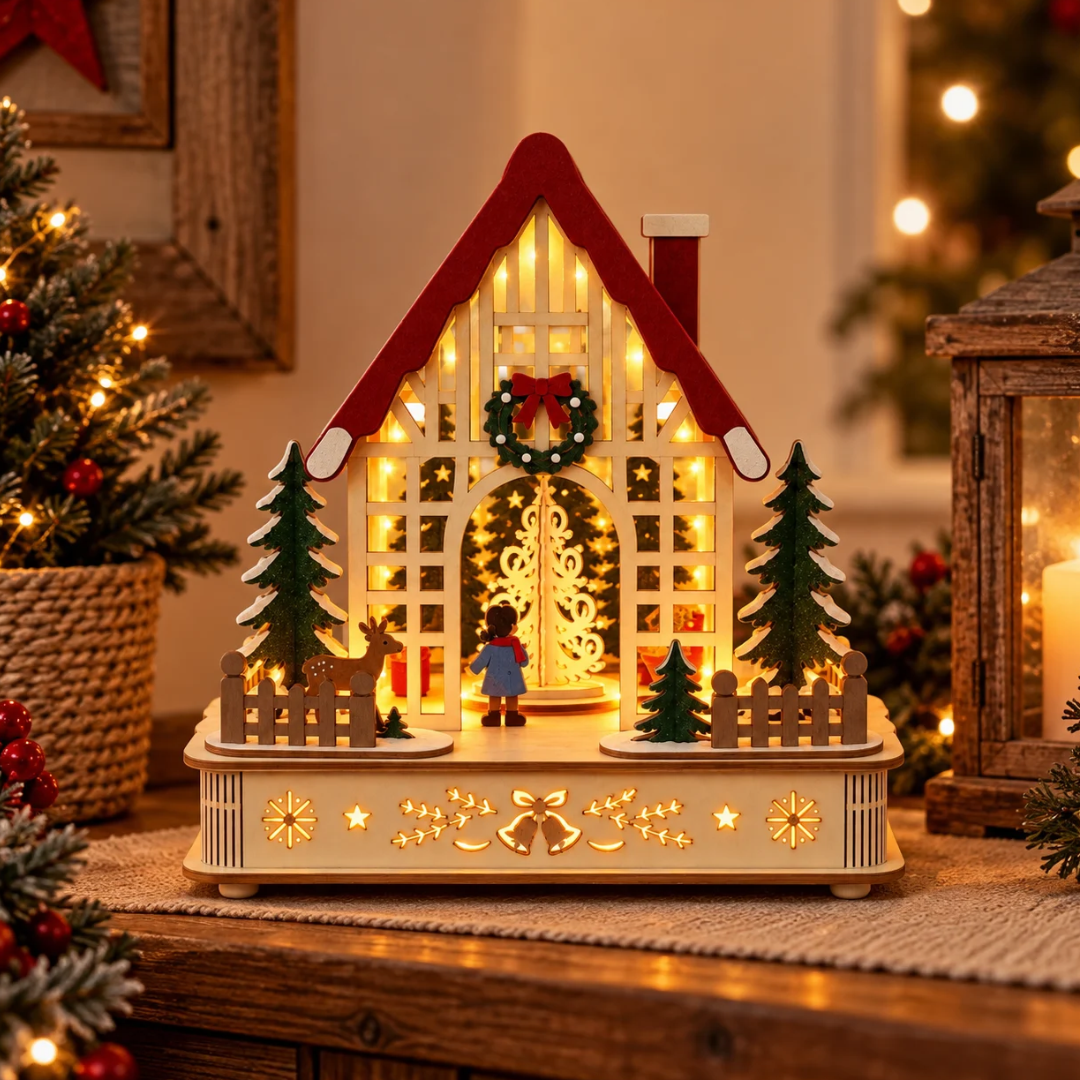 Casetta natalizia luminosa in legno con albero di Natale e renna, ambientata su un mobile tra luci e decorazioni natalizie