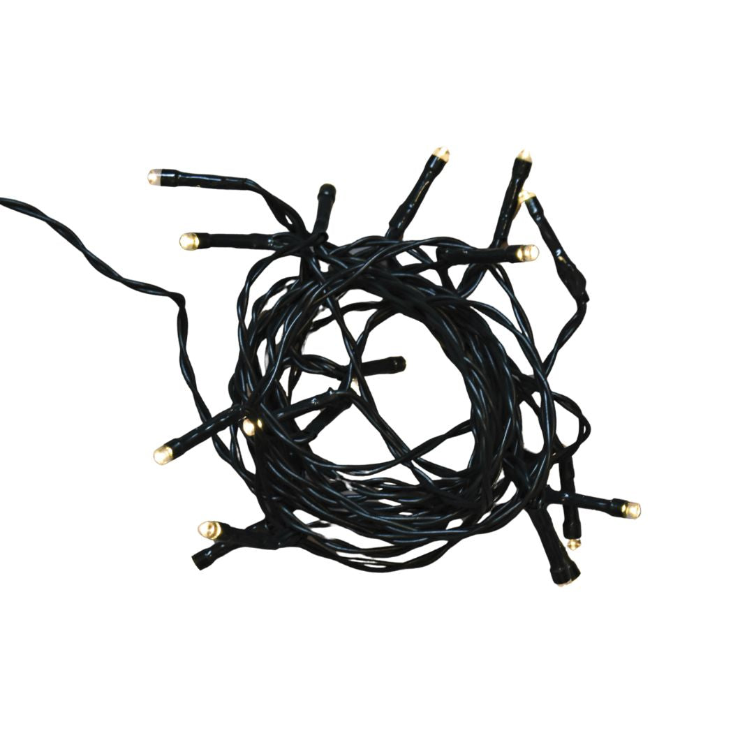 Catena luminosa con 20 micro LED a luce bianco caldo su filo scuro, accesa su sfondo bianco.