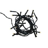 Catena luminosa con 20 micro LED a luce bianco caldo su filo scuro, accesa su sfondo bianco.