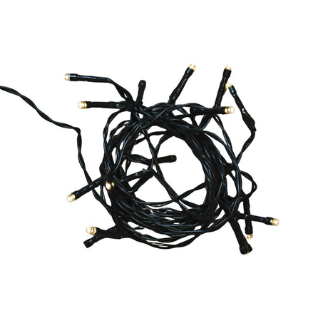 Catena luminosa con 20 micro LED a luce bianco caldo su filo scuro, accesa su sfondo bianco.