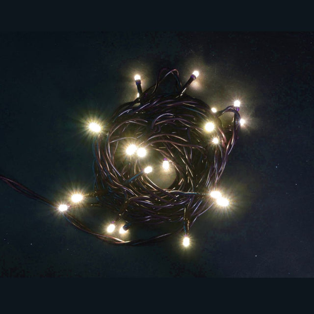 Catena luminosa con 20 micro LED a luce bianco caldo su filo scuro, accesa in un ambiente buio.