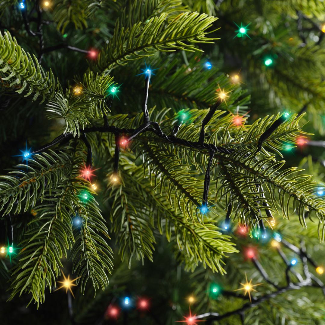 Dettaglio catena luminosa da 1272 micro LED multicolor con cavo nero su rami di albero di Natale.