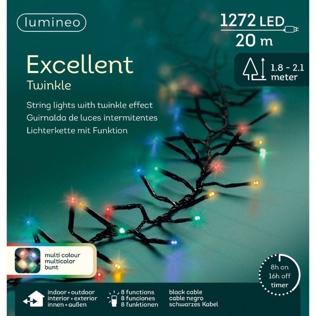 Scatola della catena luminosa Lumineo Excellent da 1272 LED multicolor con cavo nero, lunga 20 metri, con timer 8h on/16h off e 8 funzioni.