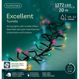Scatola della catena luminosa Lumineo Excellent da 1272 LED soft multicolor con cavo nero, lunga 20 metri, con timer 8h on/16h off e 8 funzioni.