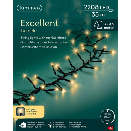 Scatola della catena luminosa Lumineo Excellent da 2208 LED champagne con cavo nero, lunga 20 metri, con timer 8h on/16h off e 8 funzioni.