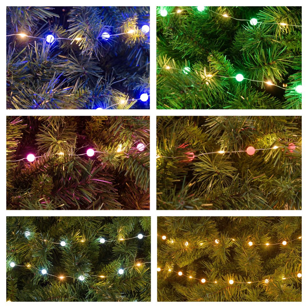 Catena con micro LED bianco caldo alternati a piccole sfere di 1 cm di diametro con luce di diversi colori.