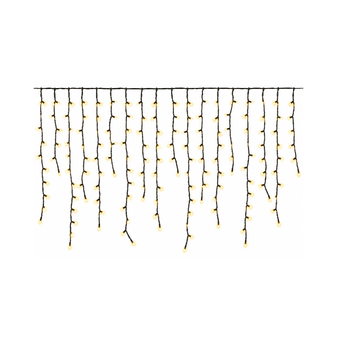 Tenda luminosa natalizia Ice Light con 432 LED bianco caldo, cavo nero e fili pendenti di diverse lunghezze.