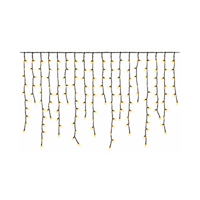 Tenda luminosa natalizia Ice Light con 432 LED bianco caldo, cavo nero e fili pendenti di diverse lunghezze.