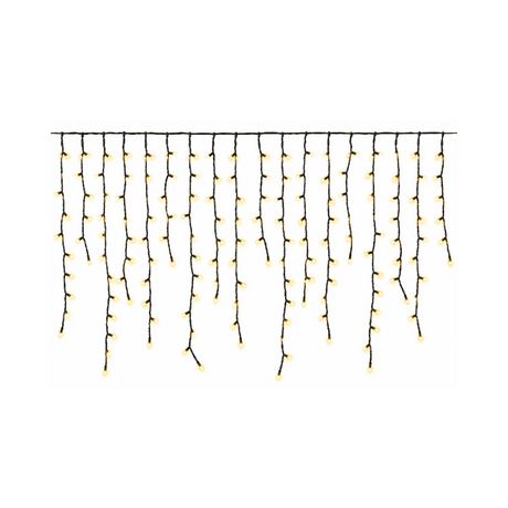 Tenda luminosa natalizia Ice Light con 432 LED bianco caldo, cavo nero e fili pendenti di diverse lunghezze.