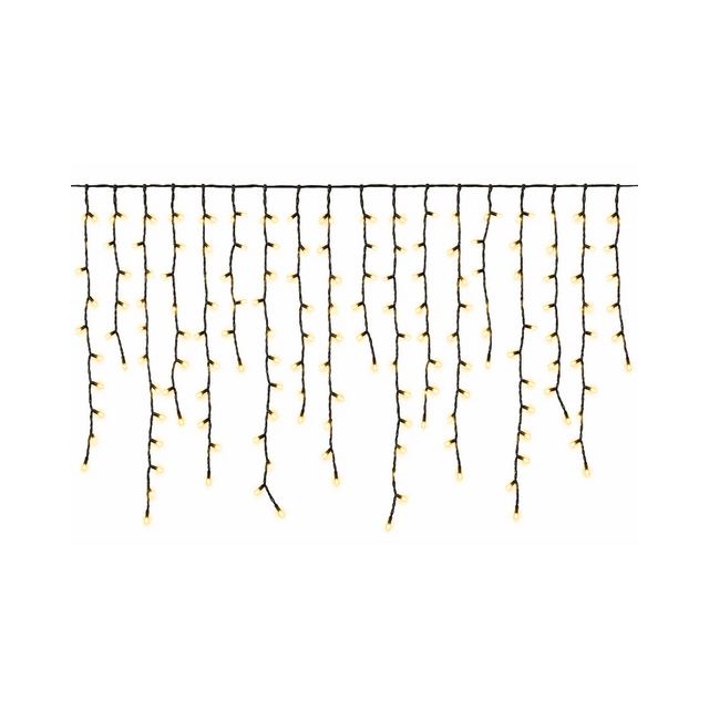Tenda luminosa natalizia Ice Light con 432 LED bianco caldo, cavo nero e fili pendenti di diverse lunghezze.
