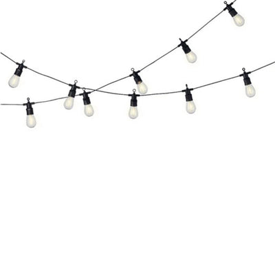 Catena di 10 lampadine LED da esterno su sfondo bianco, con fili neri e supporti a gancio