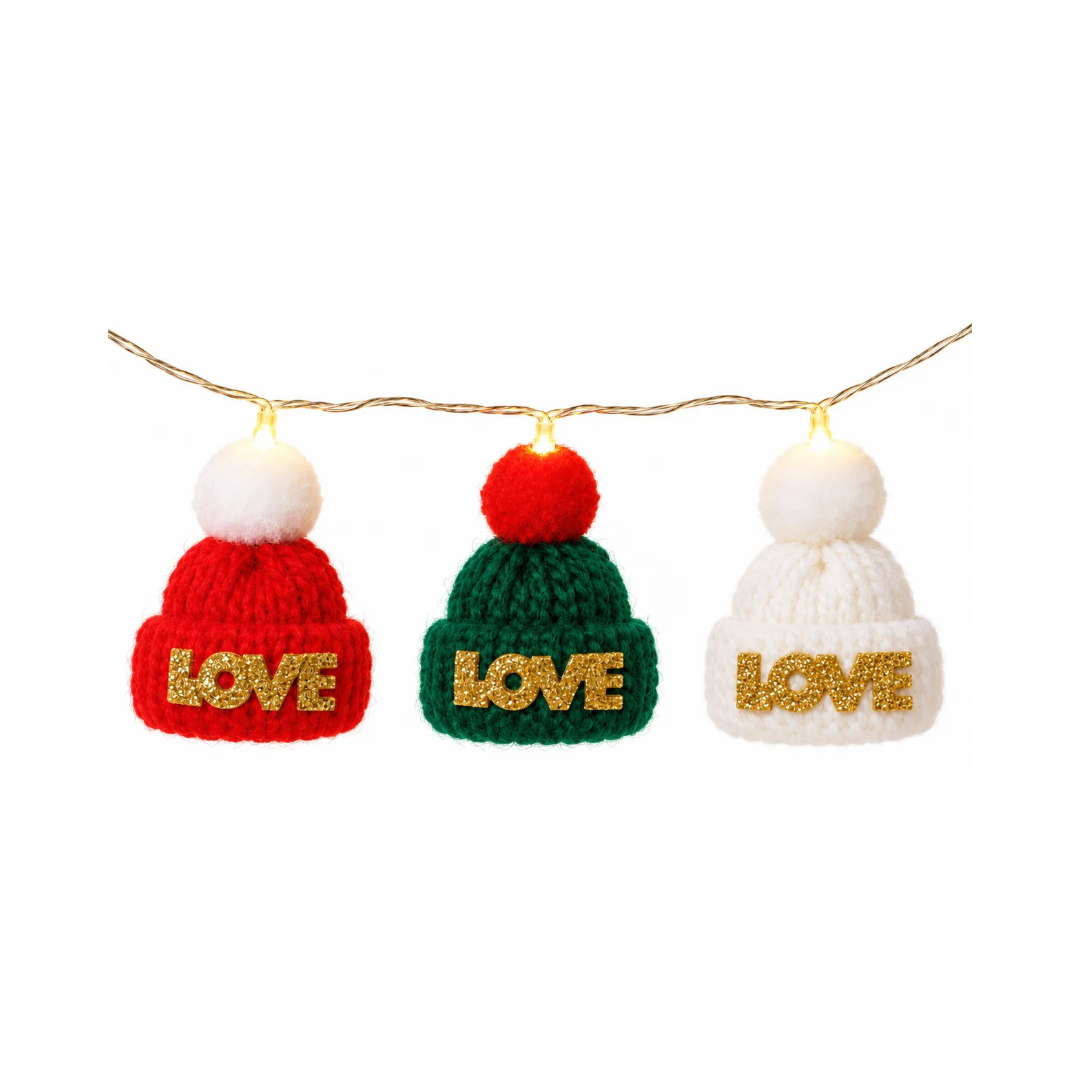 Catena luminosa natalizia con cappellini rossi, verdi e bianchi con scritta LOVE e LED a luce calda