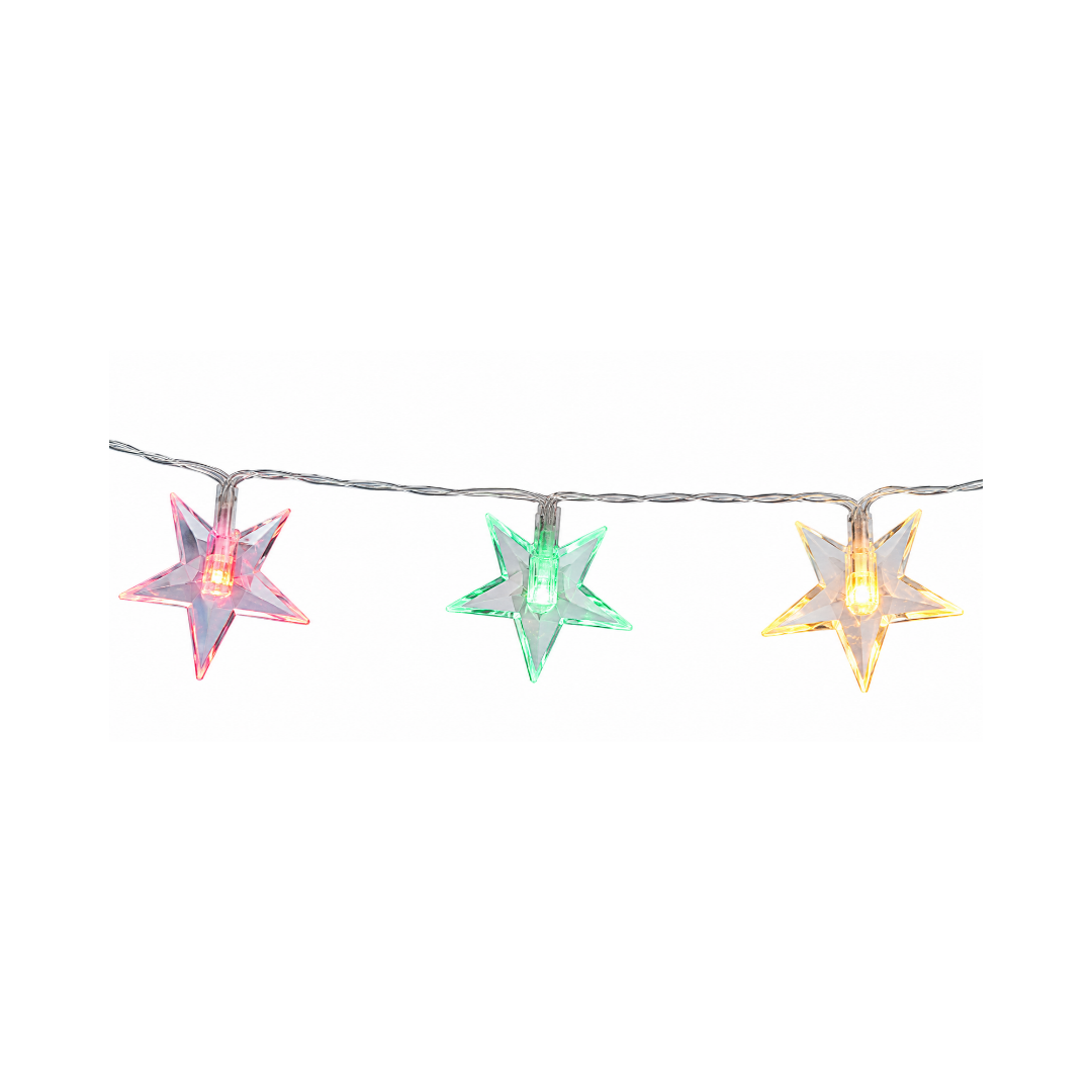 Catena luminosa con stelle trasparenti e luci multicolore rosa, verde e giallo