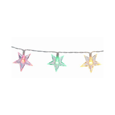 Catena luminosa con stelle trasparenti e luci multicolore rosa, verde e giallo