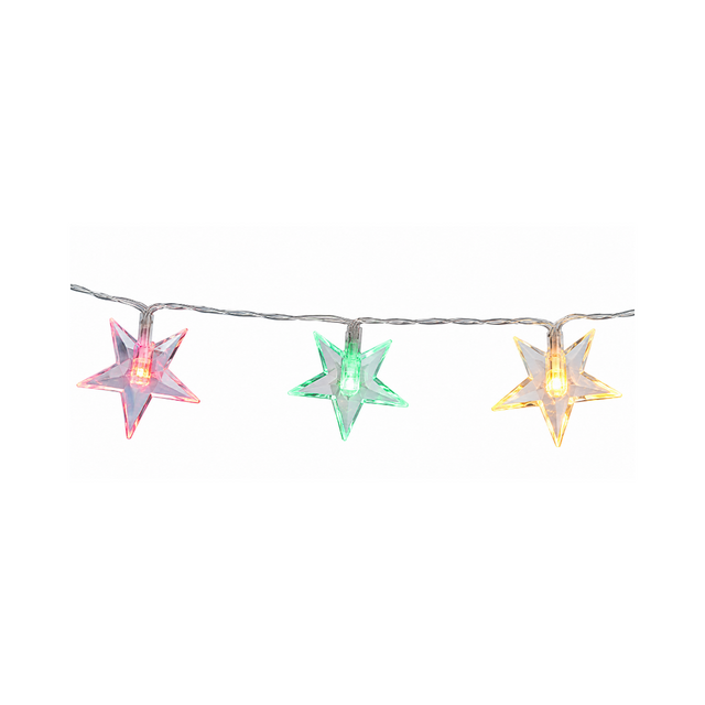 Catena luminosa con stelle trasparenti e luci multicolore rosa, verde e giallo